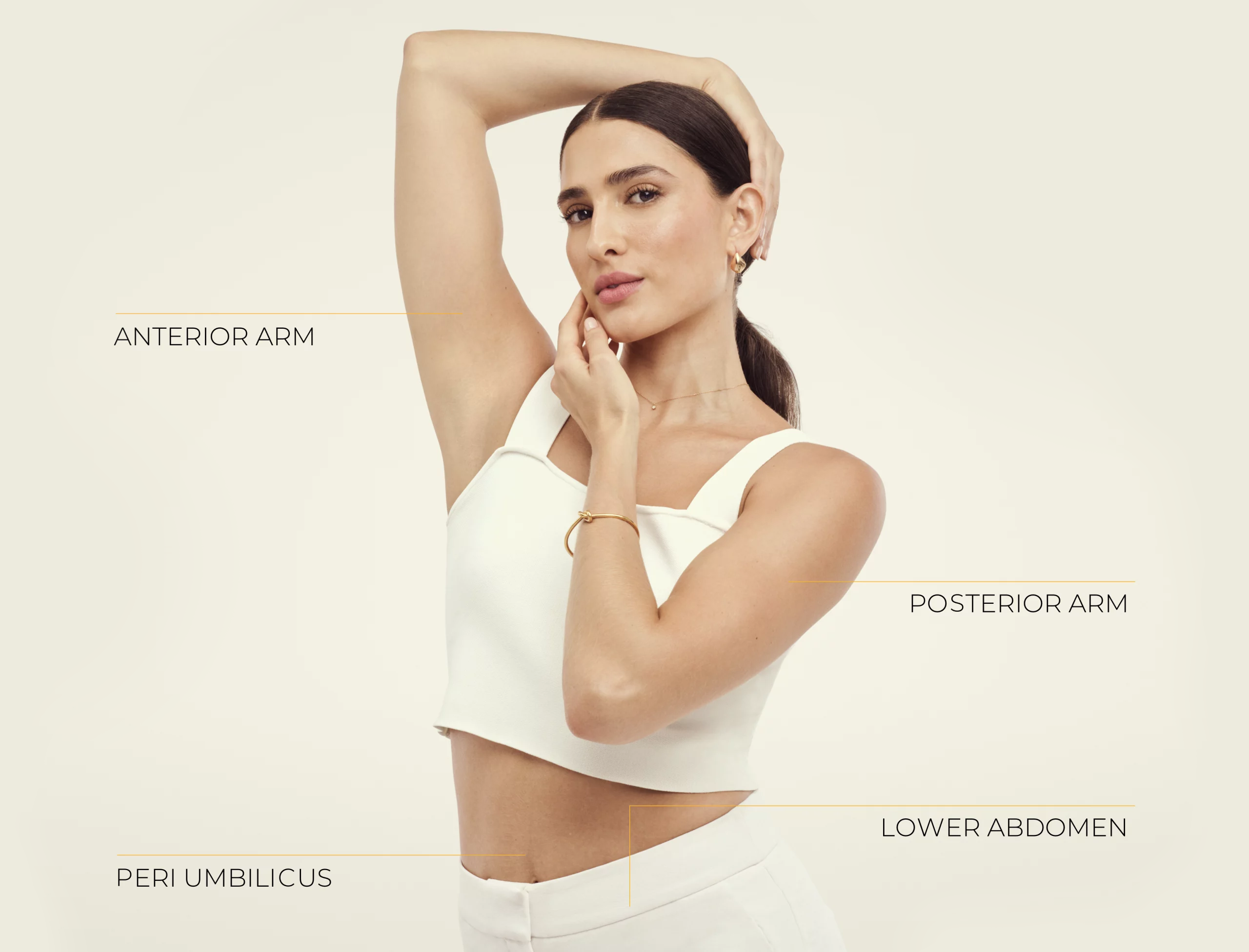 Treatment areas showing anterior arm, posterior arm, peri umbilicus, and lower abdomen.